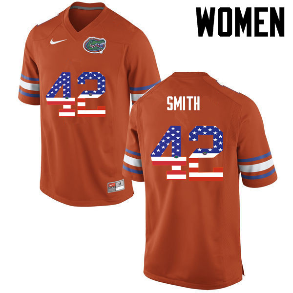 Women Florida Gators #42 Jordan Smith College Football USA Flag Fashion Jerseys-Orange - Click Image to Close